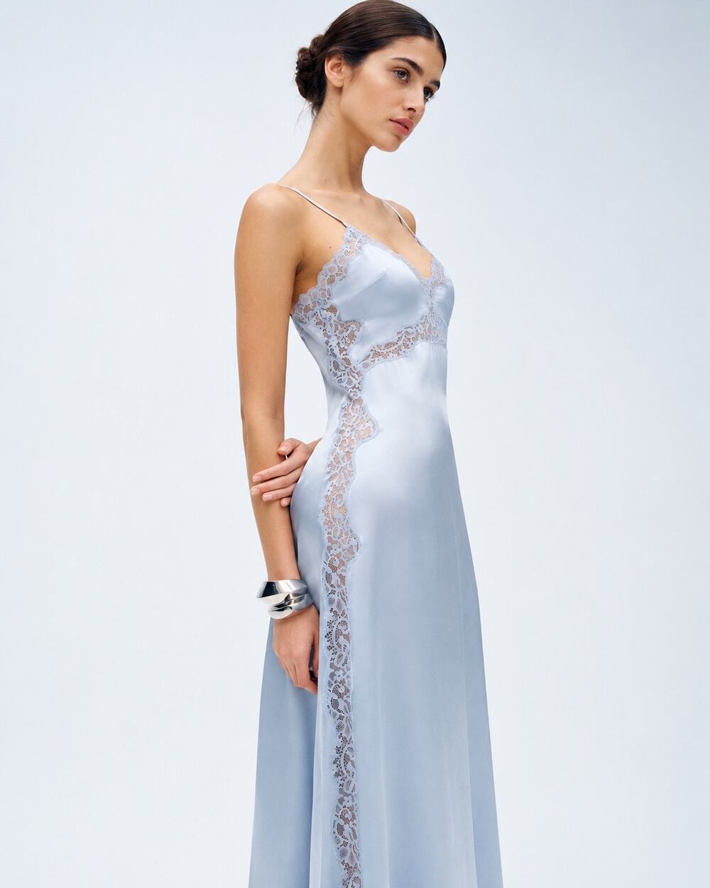 Reformation Ericka Silk slip lace trimmed Dress Mineral US6